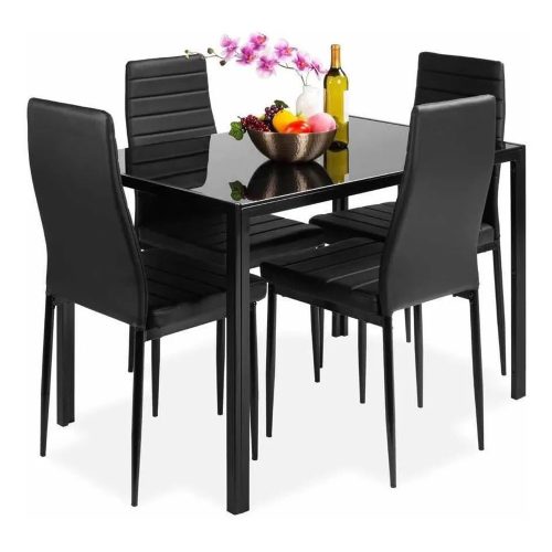 Set masa din sticla 4 scaune tapițate FUR-138-258-BLACK