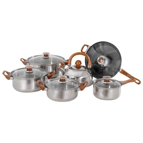 G012 Set de oale din inox 12 piese cu ceainic si manere  bachelita cu capace de sticla